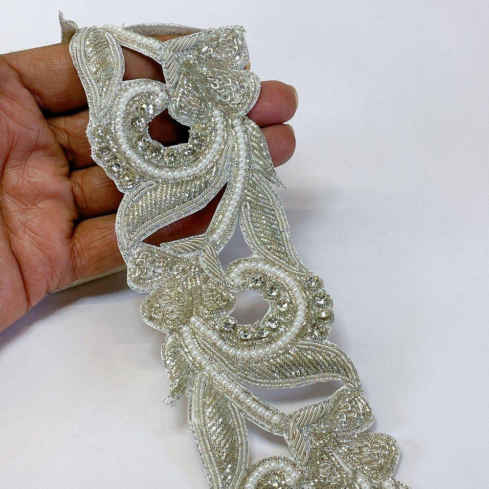 Embroidery Cutwork Border with Jardozi, Sequins & Stone Work – Designer Lace for Sarees, Dupattas & Lehengas, shown on white cotton