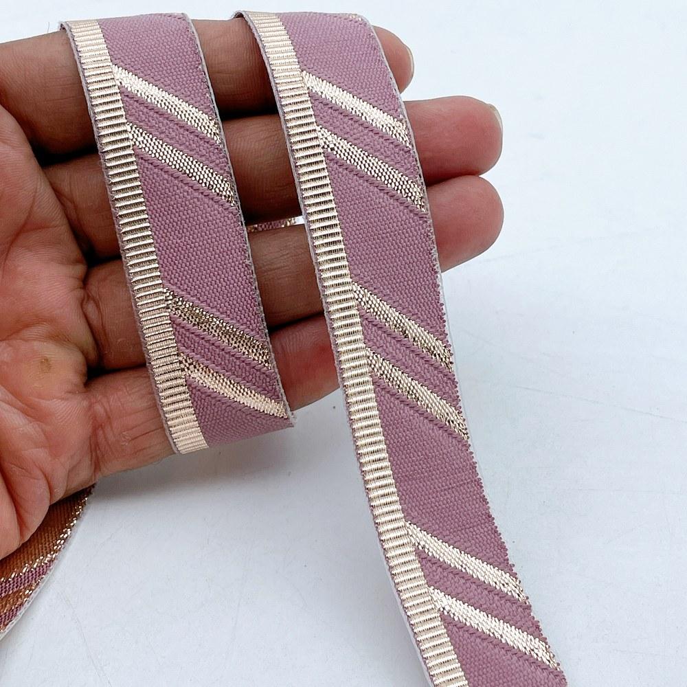 22mm Fancy Gota Work Ribbon Spool Diagonal Zari Stripe Lace Trim for Sewing, Crafts & Apparel, shown on white cotton