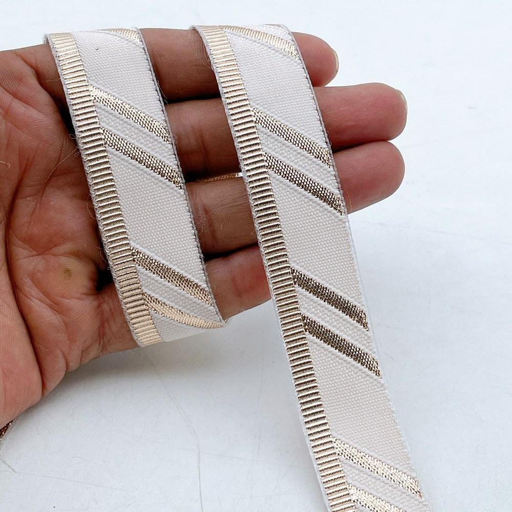 22mm Fancy Gota Work Ribbon Spool Diagonal Zari Stripe Lace Trim for Sewing, Crafts & Apparel, shown on white cotton