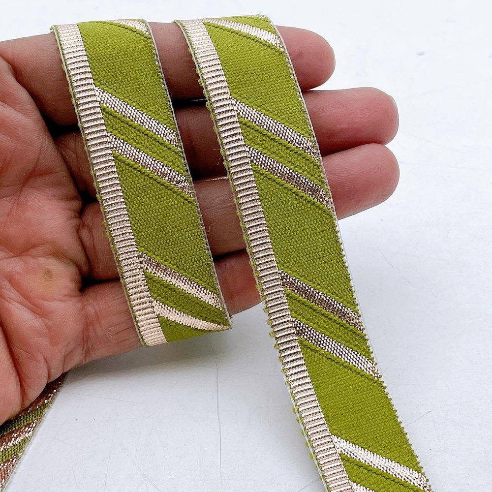 22mm Fancy Gota Work Ribbon Spool Diagonal Zari Stripe Lace Trim for Sewing, Crafts & Apparel, shown on white cotton