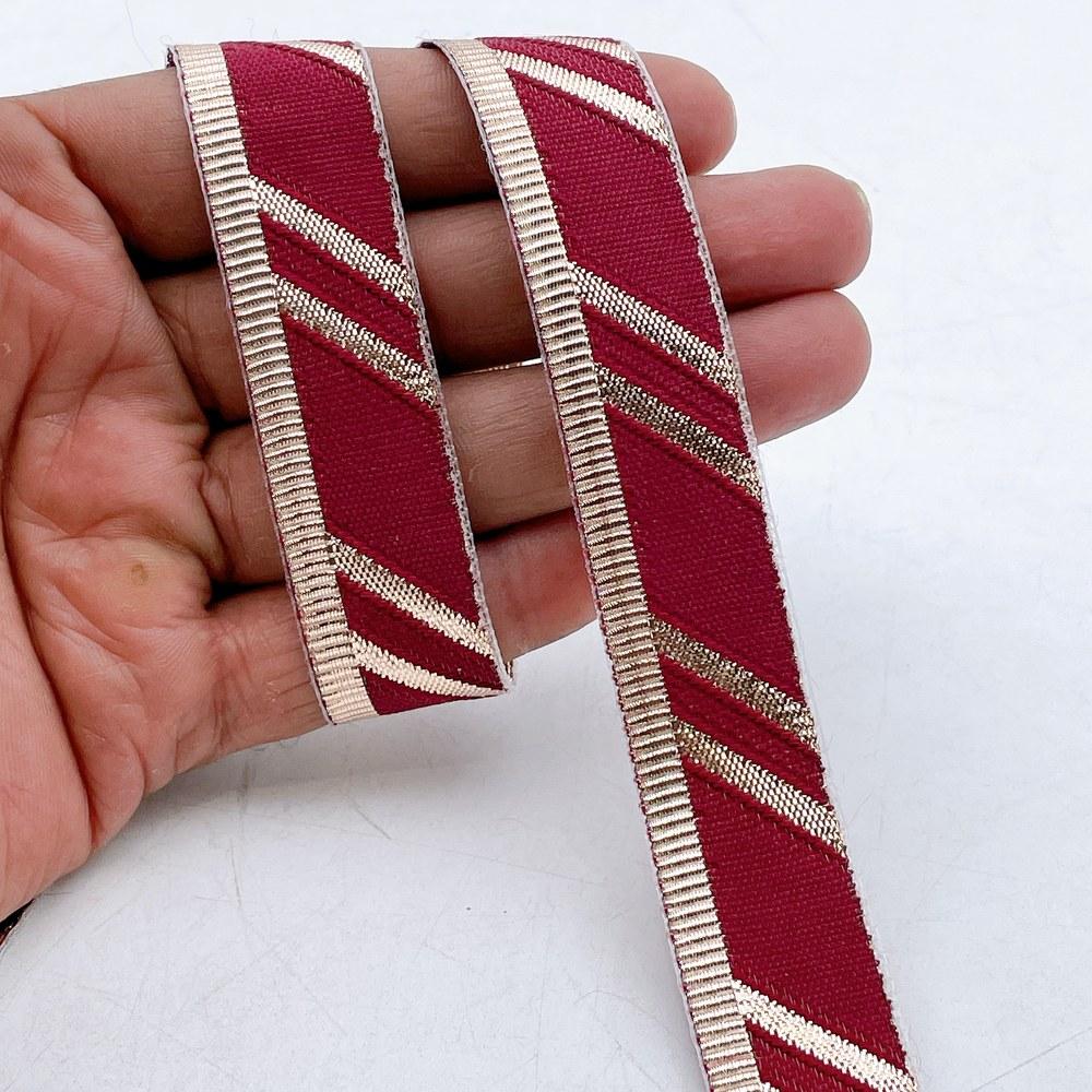 22mm Fancy Gota Work Ribbon Spool Diagonal Zari Stripe Lace Trim for Sewing, Crafts & Apparel, shown on white cotton
