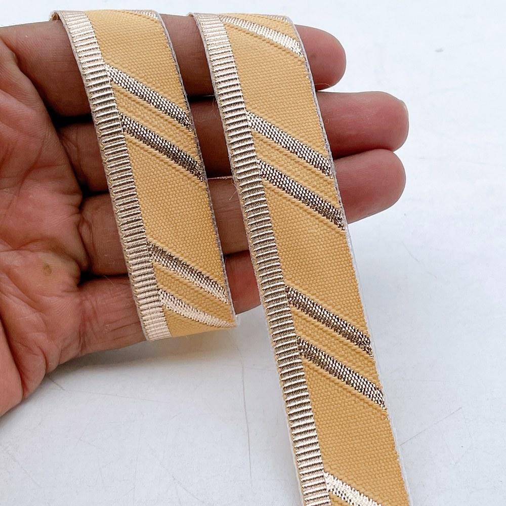 22mm Fancy Gota Work Ribbon Spool Diagonal Zari Stripe Lace Trim for Sewing, Crafts & Apparel, shown on white cotton