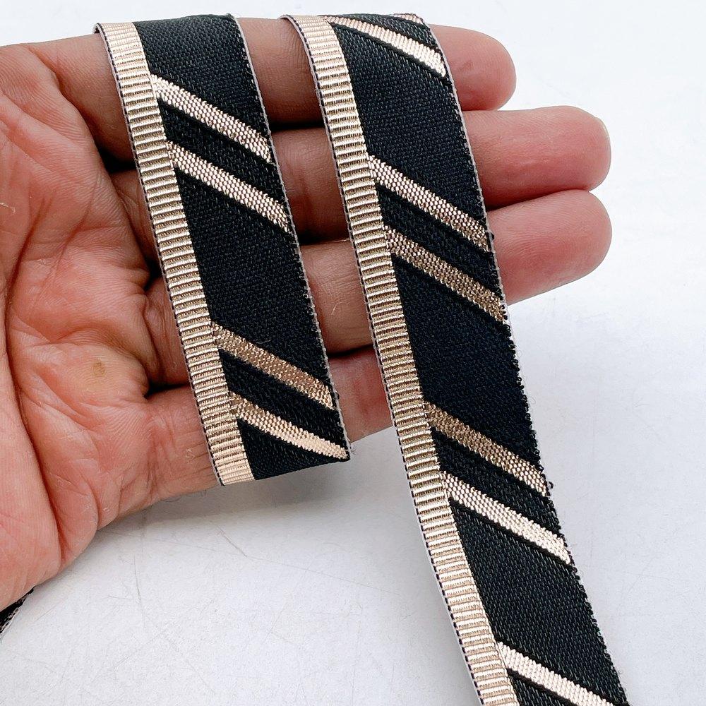 22mm Fancy Gota Work Ribbon Spool Diagonal Zari Stripe Lace Trim for Sewing, Crafts & Apparel, shown on white cotton