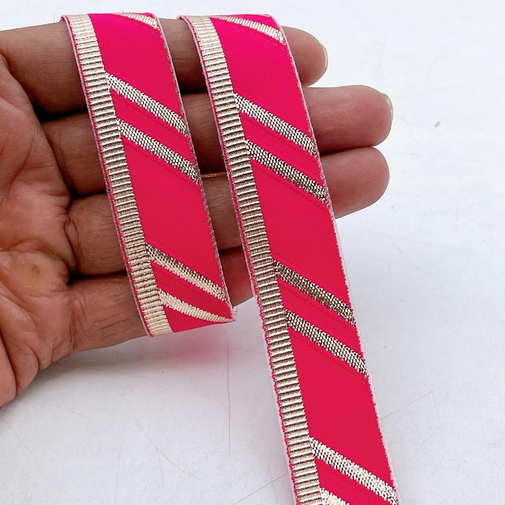 22mm Fancy Gota Work Ribbon Spool Diagonal Zari Stripe Lace Trim for Sewing, Crafts & Apparel, shown on white cotton
