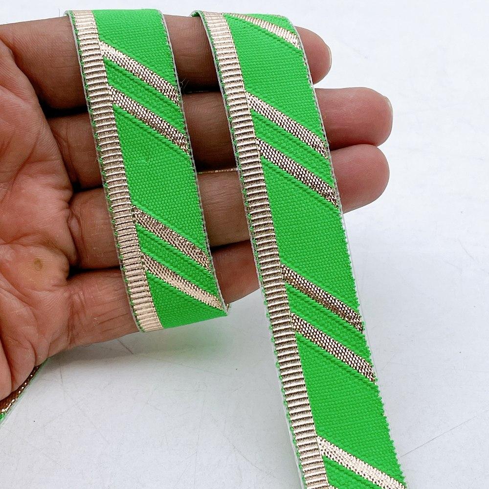 22mm Fancy Gota Work Ribbon Spool Diagonal Zari Stripe Lace Trim for Sewing, Crafts & Apparel, shown on white cotton