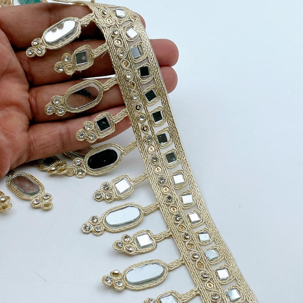 64mm Elegant Mirror Work Golden Lace Trim for Ethnic Wear & Craft Designs, shown on white cotton