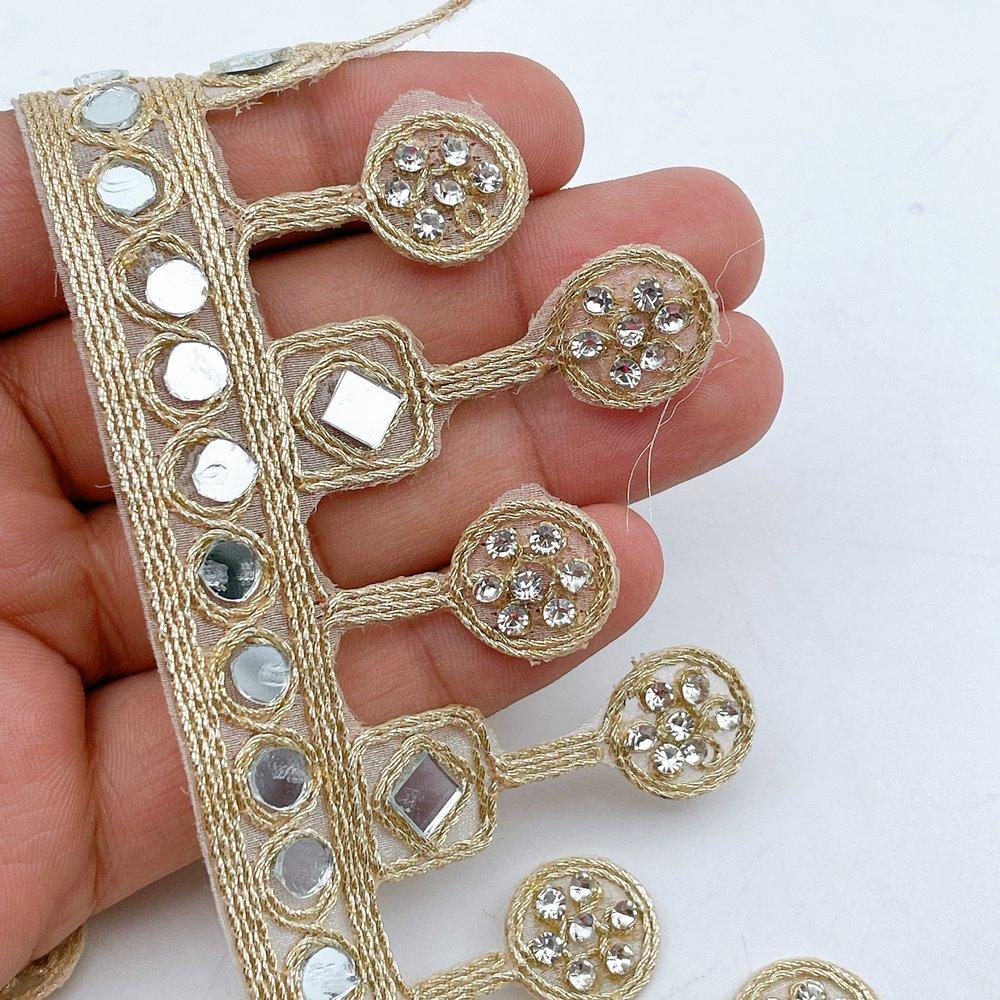 60mm Premium Golden Mirror Lace with Hanging Drops for Designer Ethnic Outfits, shown on white cotton