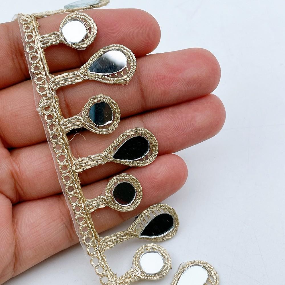 30mm Designer Golden Mirror Lace with Teardrop Hanging Pattern for Ethnic & Bridal Wear, shown on white cotton