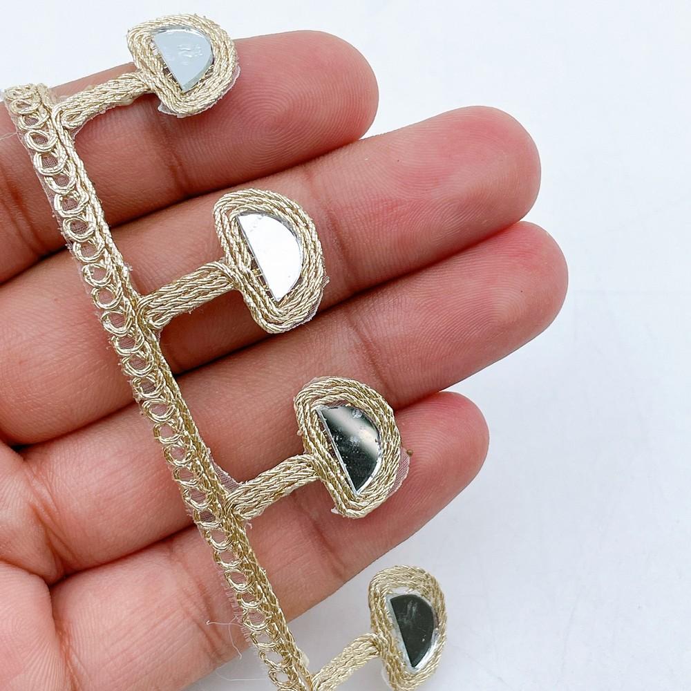 26mm Elegant Golden Half-Moon Mirror Lace with Hanging Drops for Ethnic Wear, shown on white cotton