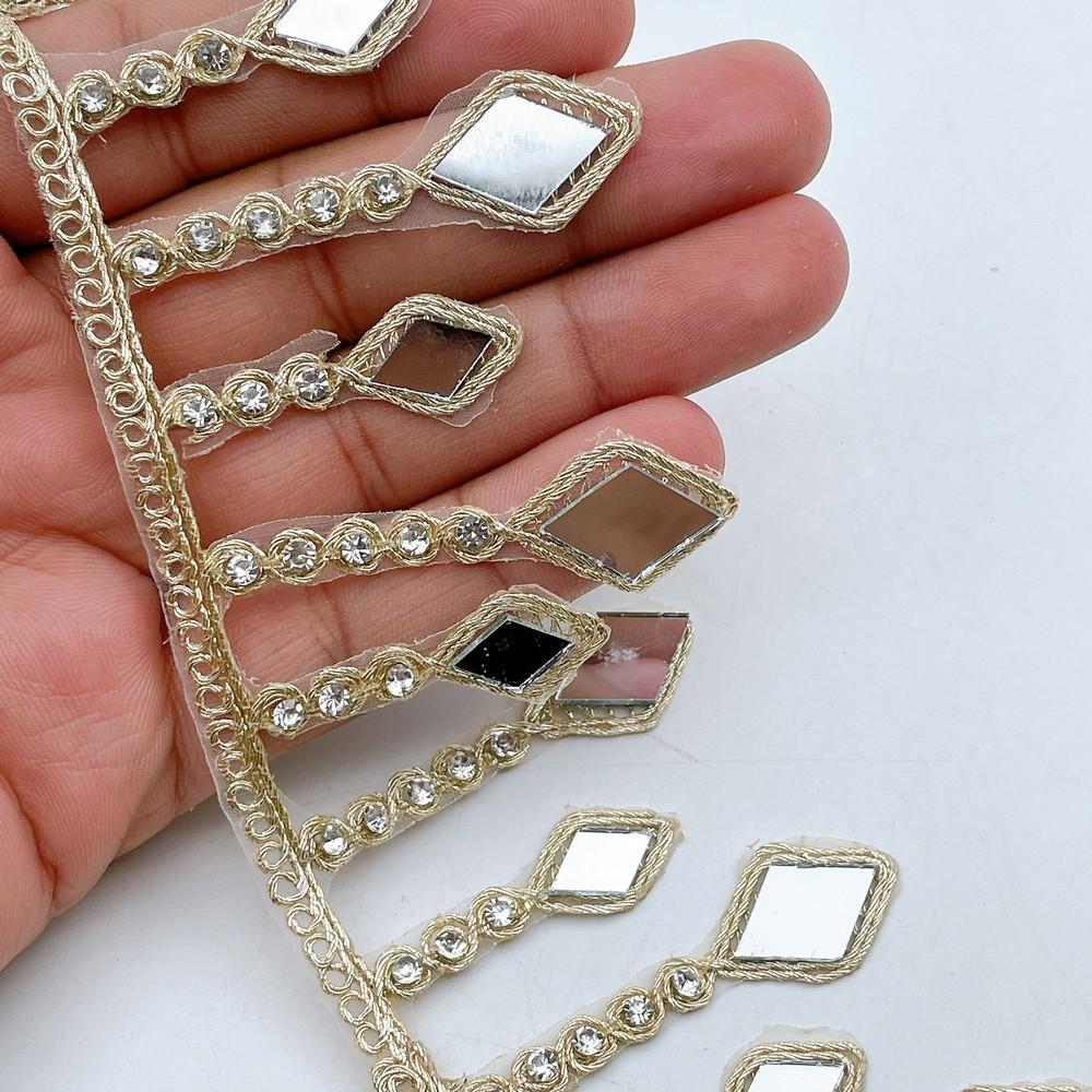 55mm Premium Golden Diamond Mirror Lace with Stone Chain Drops for Ethnic & Bridal Wear, shown on white cotton