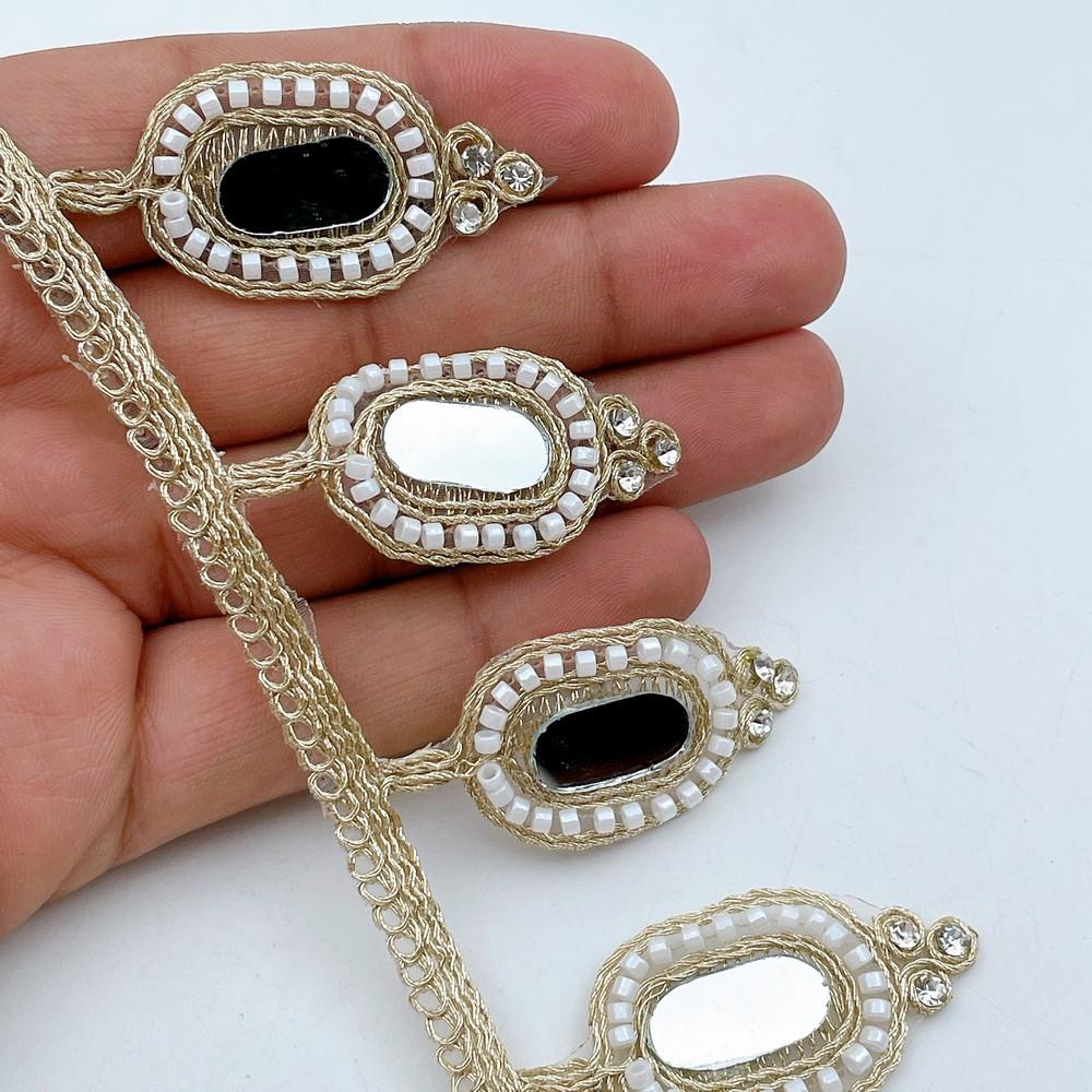 55mm Elegant Golden Mirror Lace with Pearl Bead Detailing for Ethnic & Bridal Wear, shown on white cotton