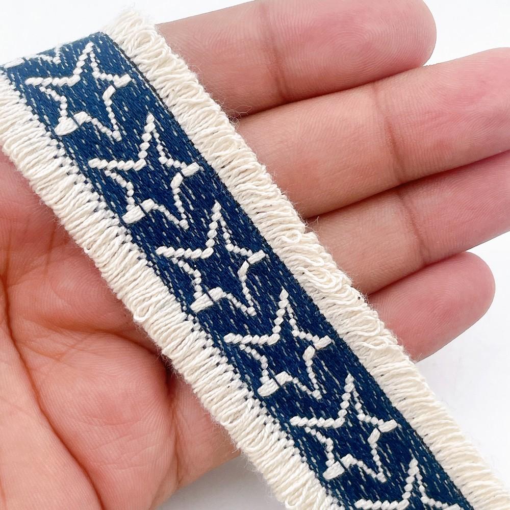 30mm Designer Denim Fringe Trim with Geometric Pattern for Creative Use, shown on white cotton