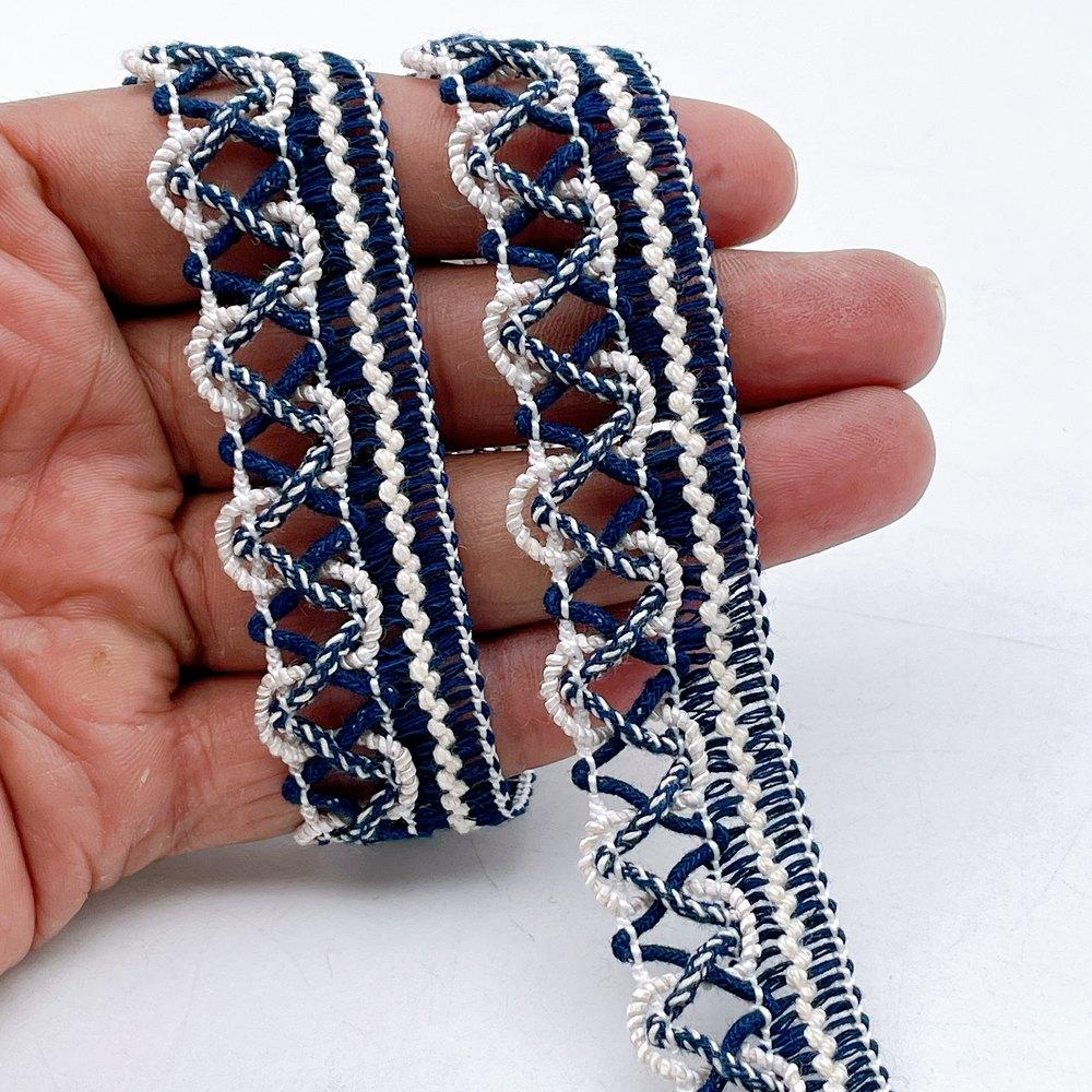 24mm Openwork Zig-Zag Denim Ribbon – Navy Macrame Style Edging for Apparel, shown on white cotton