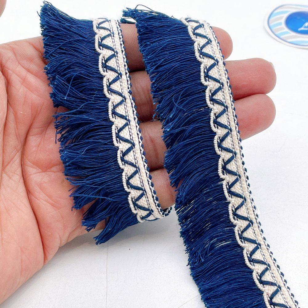 30mm Heavy Navy Denim Tassel Fringe Trim with Woven Header – Statement Apparel Lace, shown on white cotton