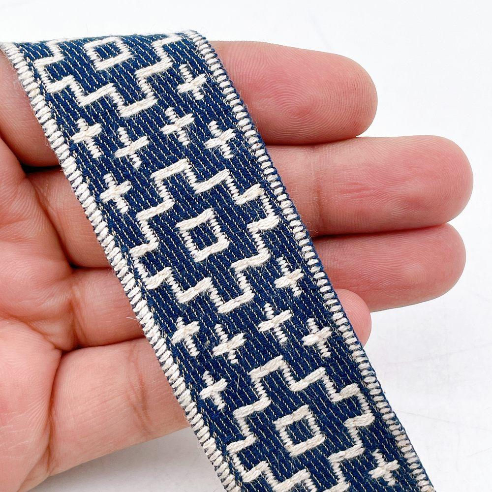 32mm Wide Denim-Blue Jacquard Ribbon - Aztec Cross Pattern Decorative Trim, shown on white cotton