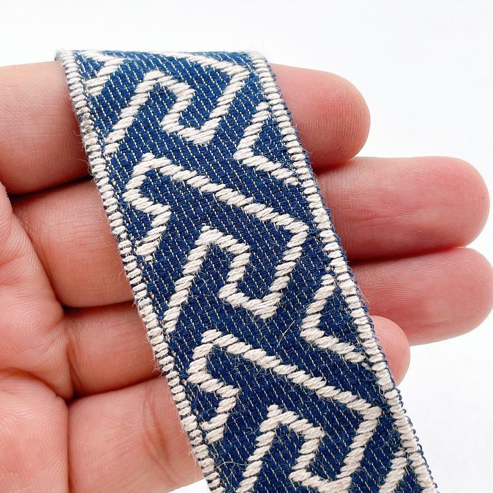 32mm Wide Woven Jacquard Denim-Blue Ribbon - Diagonal Zig-Zag Labyrinth Trim, shown on white cotton