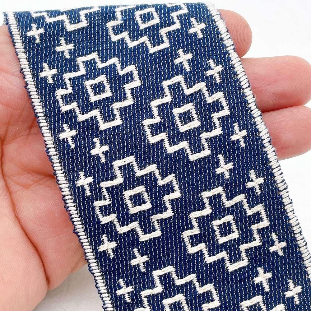 60mm Tribal Pattern Woven Jacquard Ribbon - Southwestern Diamond Lace Trim, shown on white cotton