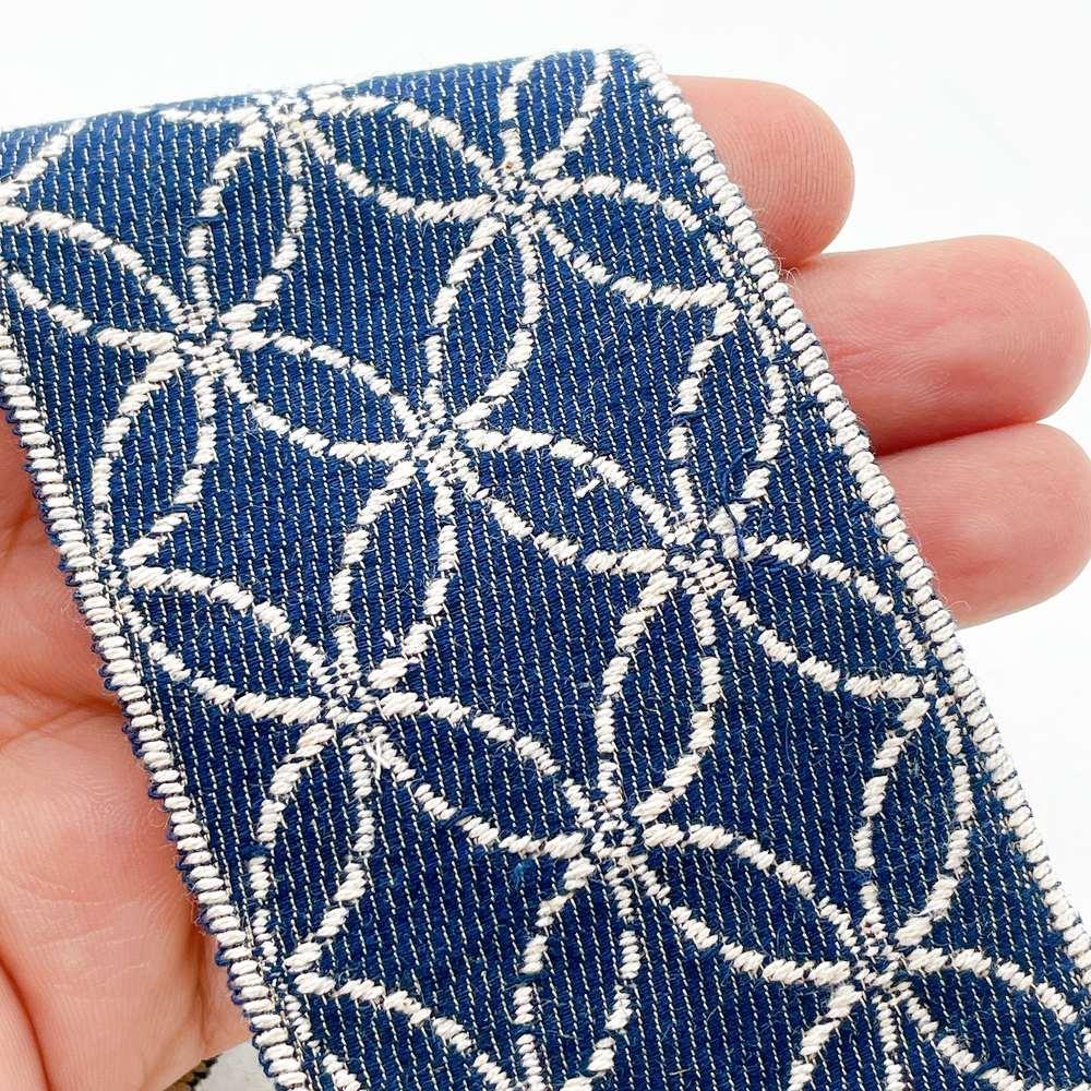 60mm & White Jacquard Tape - Interlocking Circular Floral Lace Border, shown on white cotton