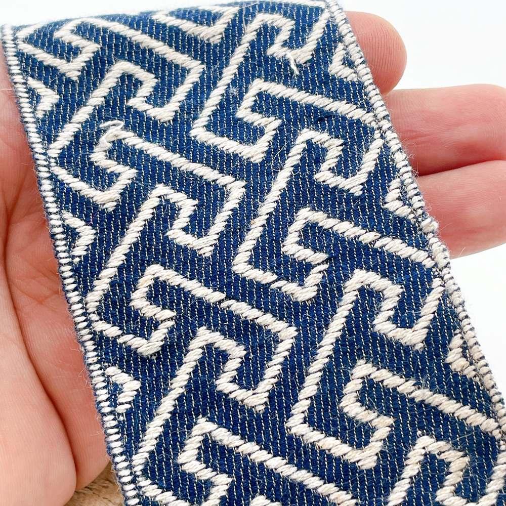 60mm Woven Jacquard Ribbon Trim - Interlocking Greek Key Labyrinth Border, shown on white cotton