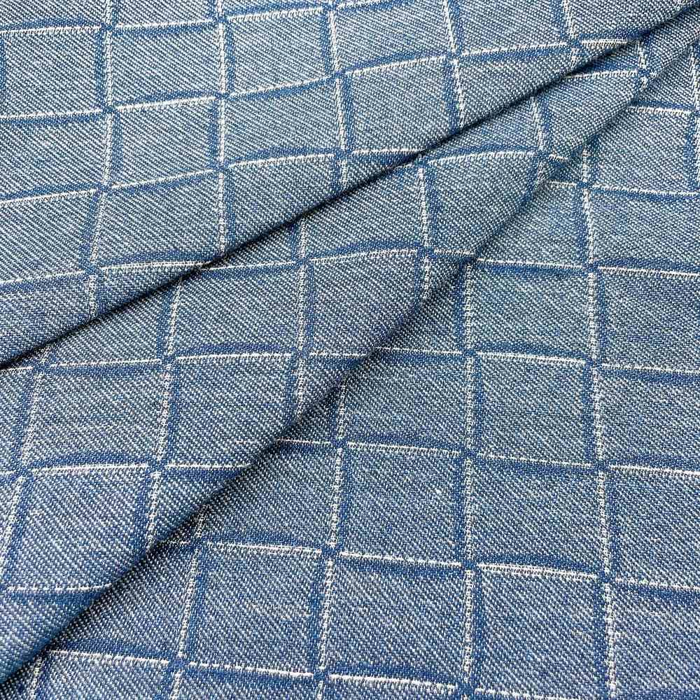 9oz Blue Windowpane Check Pattern Jacquard Denim Fabric, shown on white cotton
