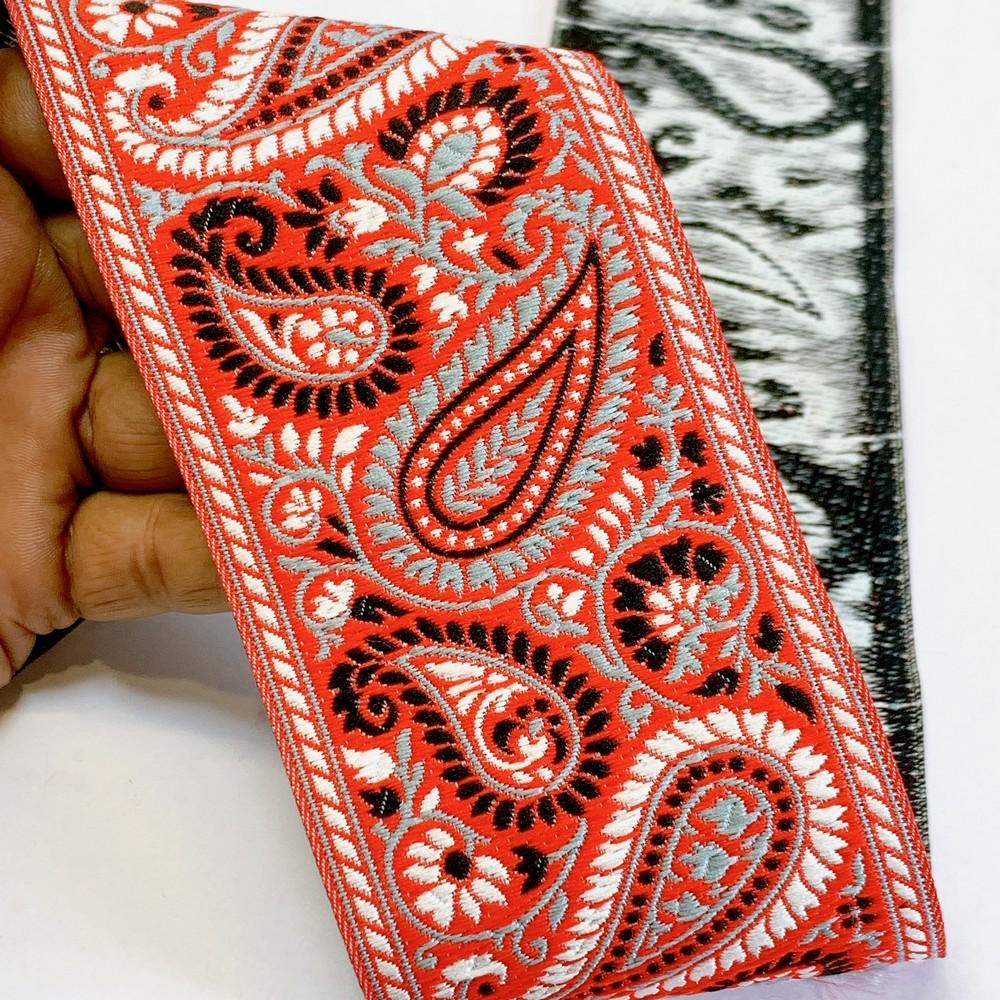 74mm Premium Woven Jacquard Paisley Ribbon | High-Density Ethnic Trim | Paisley Border for Garments and Accessories, shown on white cotton