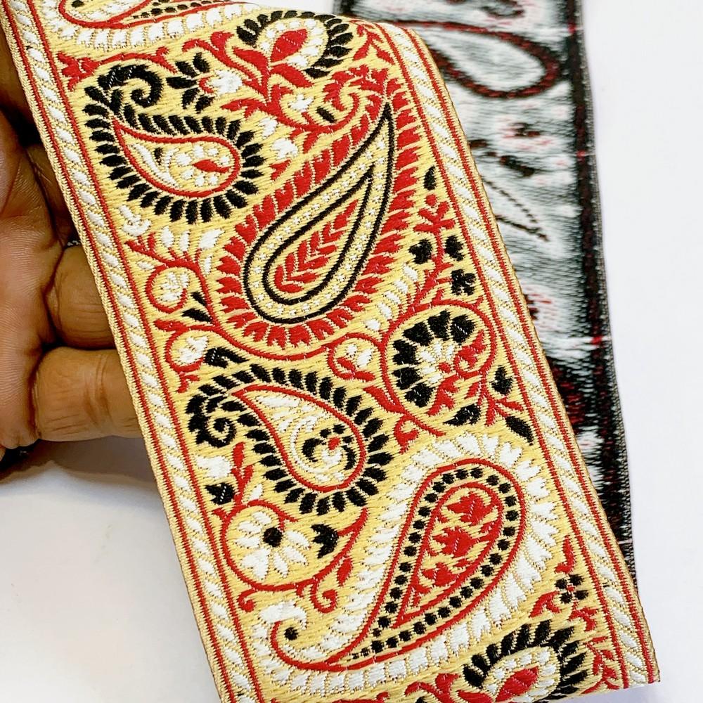 74mm Premium Woven Jacquard Paisley Ribbon | High-Density Ethnic Trim | Paisley Border for Garments and Accessories, shown on white cotton