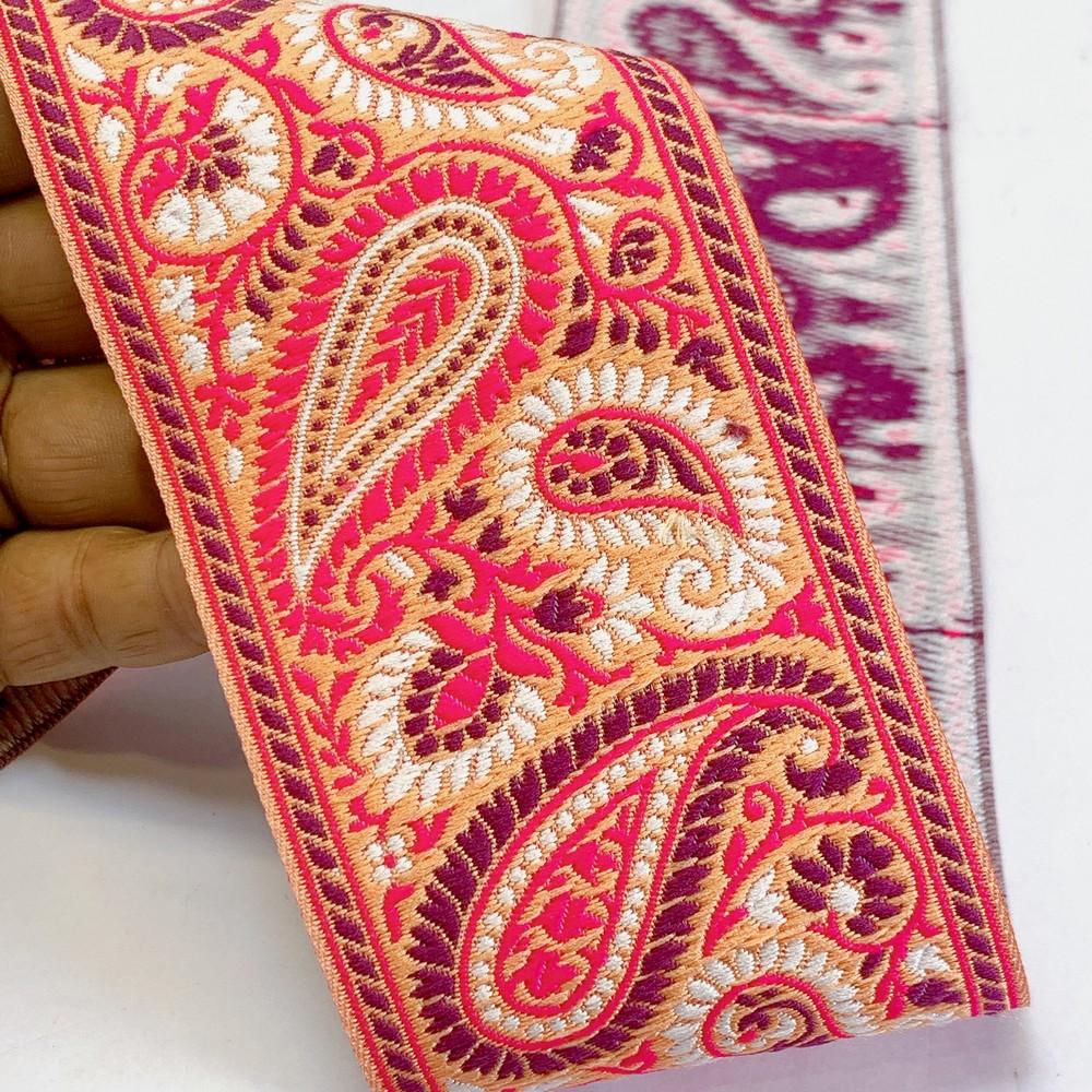 74mm Premium Woven Jacquard Paisley Ribbon | High-Density Ethnic Trim | Paisley Border for Garments and Accessories, shown on white cotton