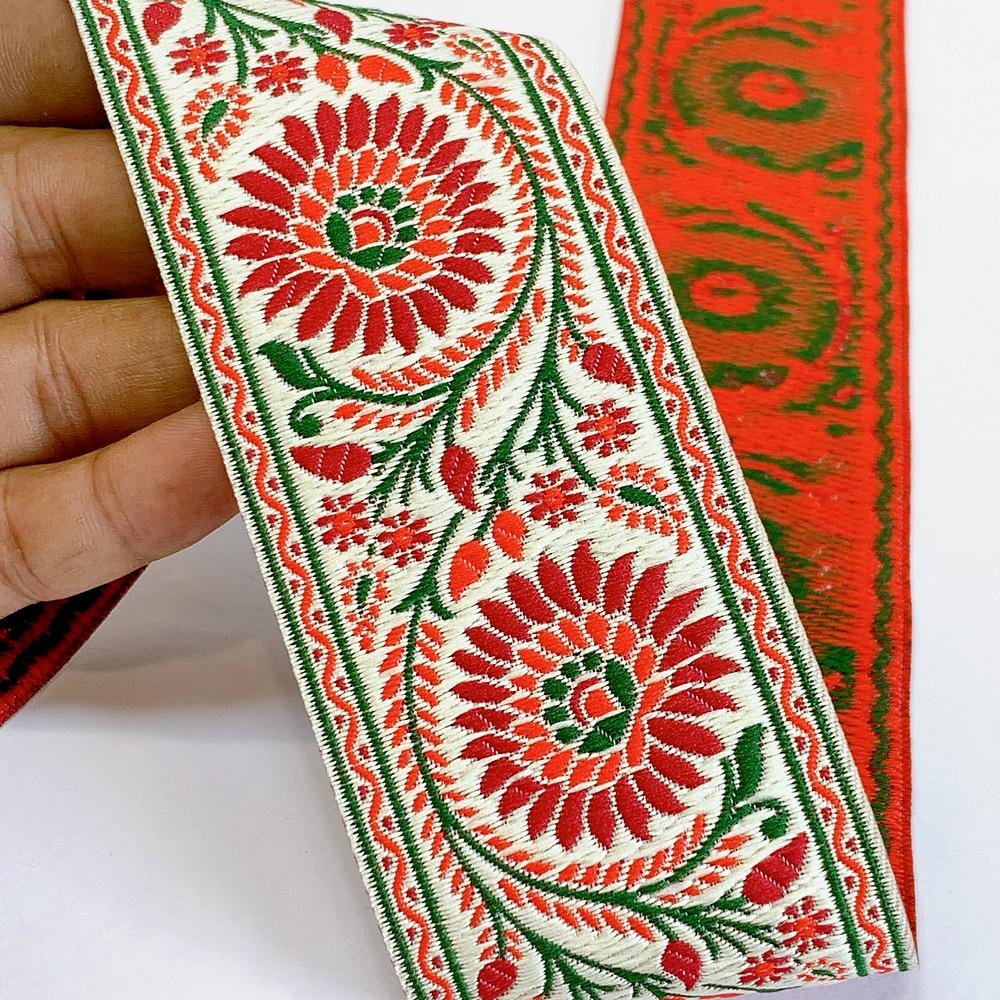 55mm Premium Floral Woven Jacquard Ribbon | Sunflower Motif Ethnic Trim | 2.2-Inch Multi-Color Jacquard Border for Garments, shown on white cotton