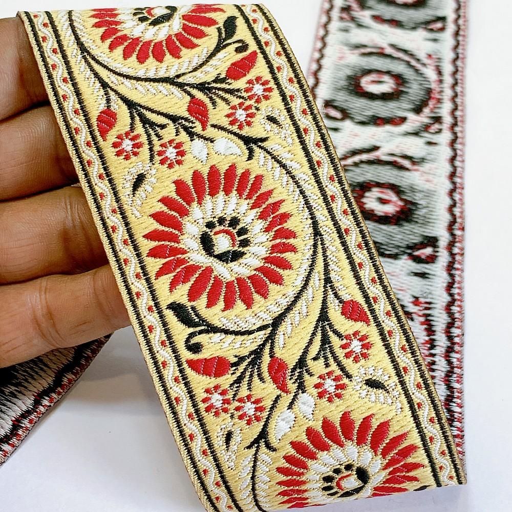 55mm Premium Floral Woven Jacquard Ribbon | Sunflower Motif Ethnic Trim | 2.2-Inch Multi-Color Jacquard Border for Garments, shown on white cotton