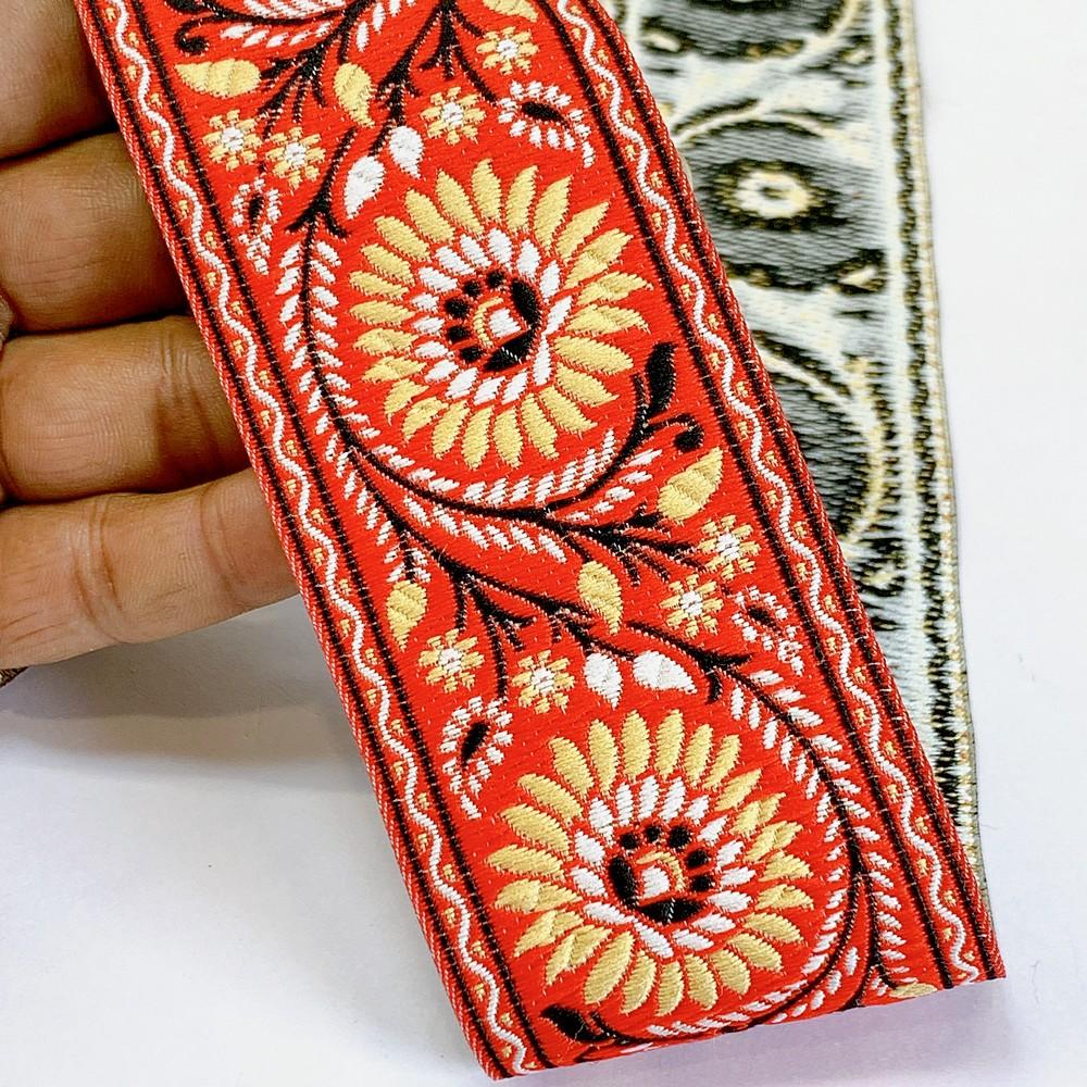 55mm Premium Floral Woven Jacquard Ribbon | Sunflower Motif Ethnic Trim | 2.2-Inch Multi-Color Jacquard Border for Garments, shown on white cotton