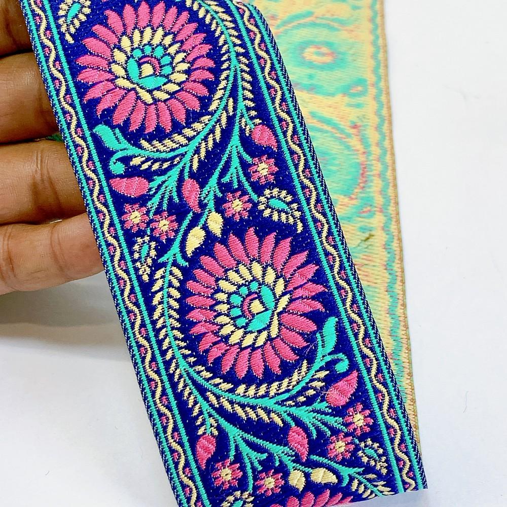 55mm Premium Floral Woven Jacquard Ribbon | Sunflower Motif Ethnic Trim | 2.2-Inch Multi-Color Jacquard Border for Garments, shown on white cotton