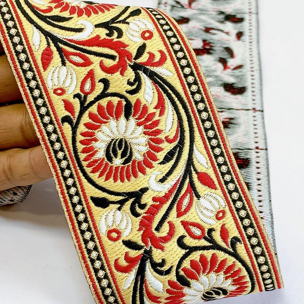74mm Woven Jacquard Lotus & Vine Ribbon | Premium Ethnic Floral Trim | Wide Multi-Color Jacquard Border for Garments, shown on white cotton