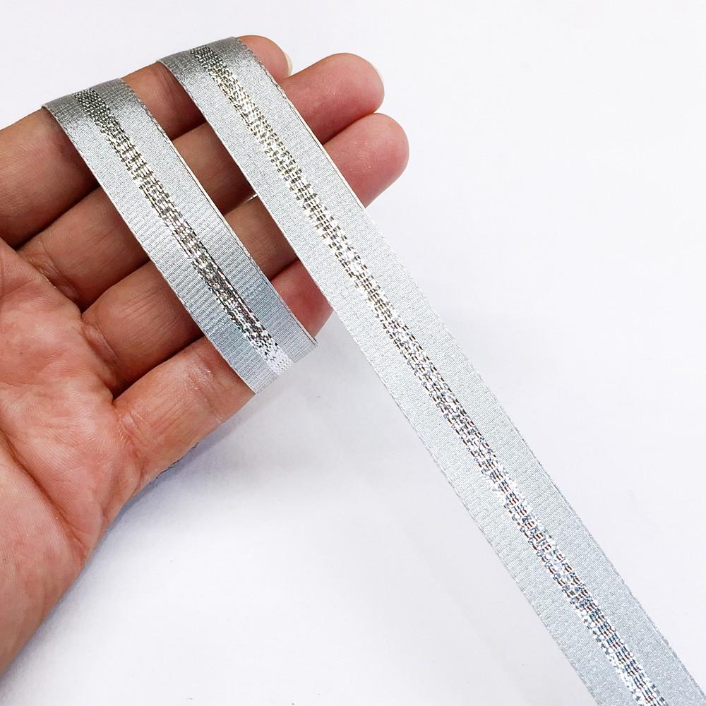 15mm Elegant Metallic Center-Stripe Decorative Ribbons, shown on white cotton