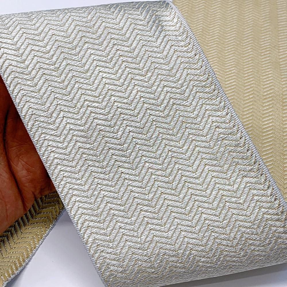 96mm Textured Metallic Zigzag Woven Jacquard Ribbon, shown on white cotton