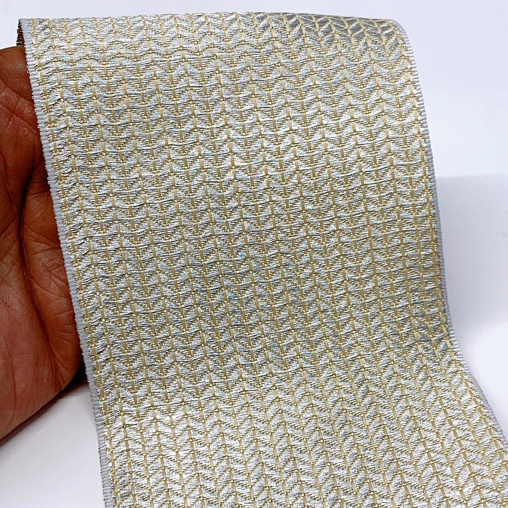 96mm Textured Metallic Zigzag Woven Jacquard Ribbon, shown on white cotton