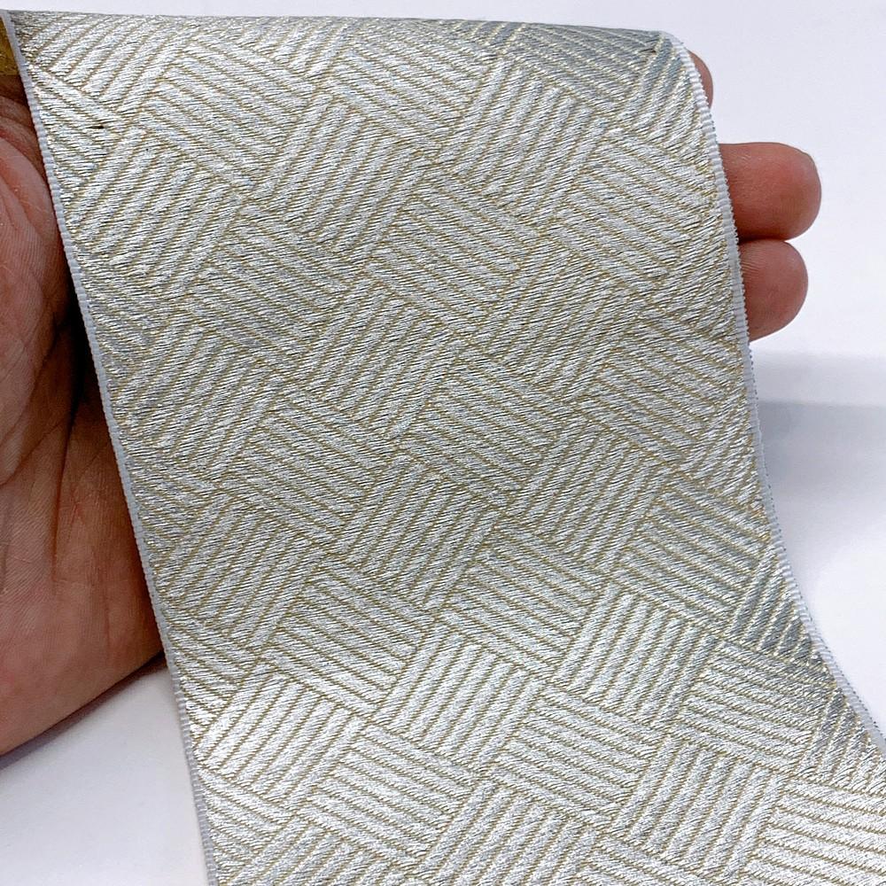 96mm Textured Metallic Geometric Block Jacquard Ribbon, shown on white cotton