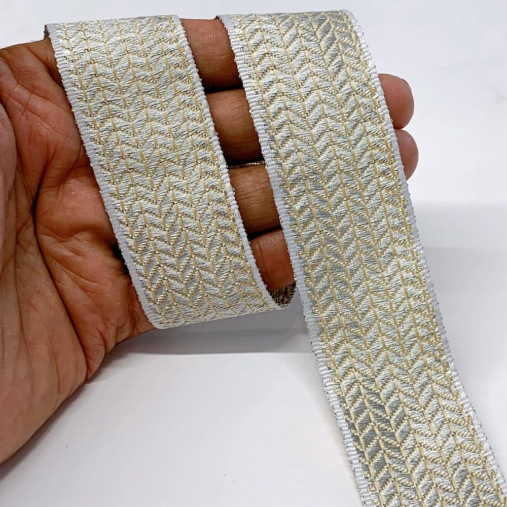 30mm Metallic Two-Tone Zigzag Woven Jacquard Ribbon, shown on white cotton