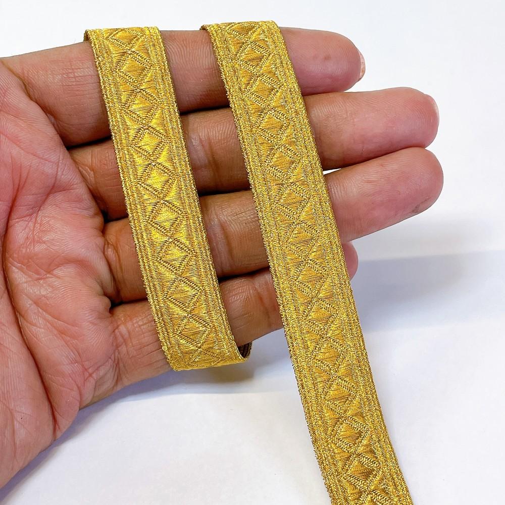 15mm Textured Metallic Diamond Motif Woven Jacquard Ribbon, shown on white cotton