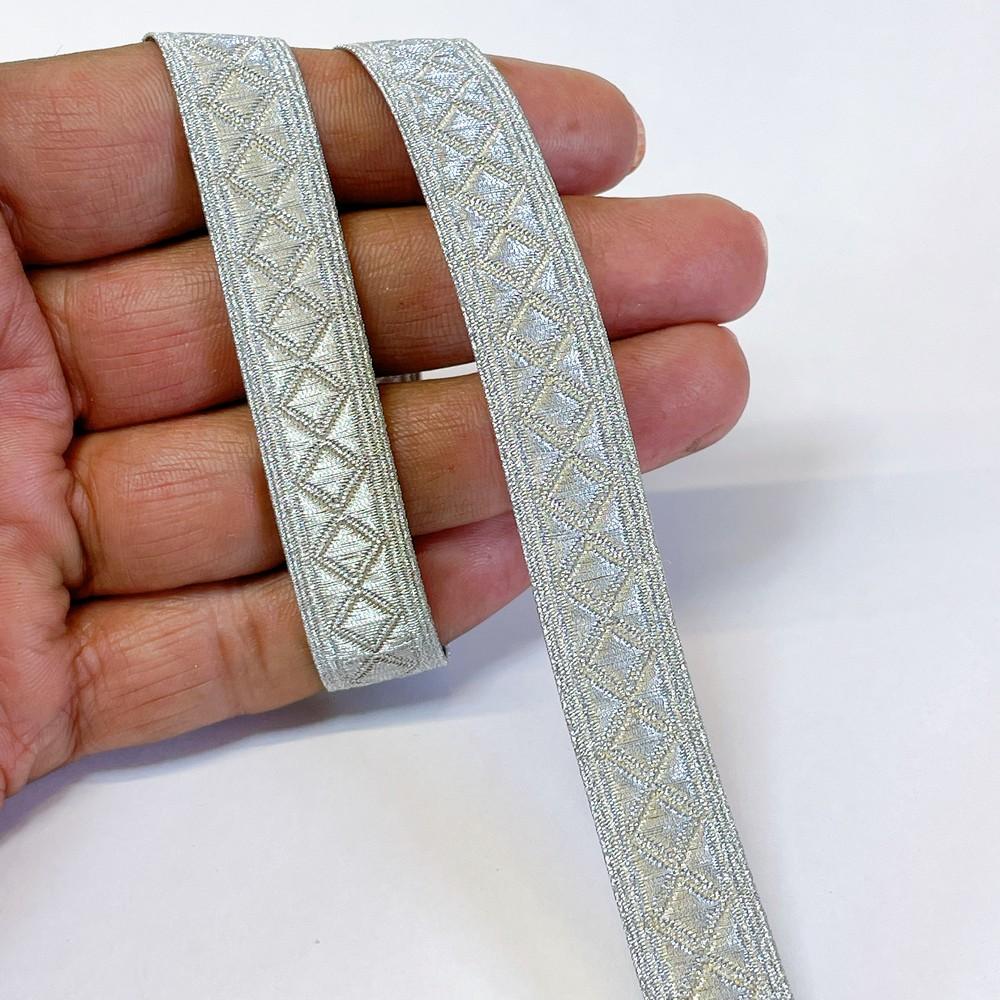 15mm Textured Metallic Diamond Motif Woven Jacquard Ribbon, shown on white cotton