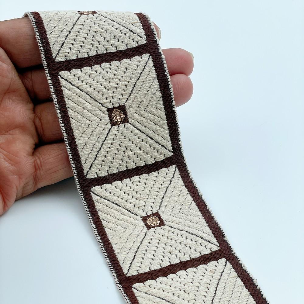 58mm Wide Geometric Square Pattern Lace Border for Sewing, Garments, DIY Crafts & Home Decor, shown on white cotton
