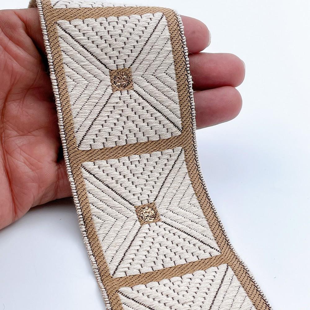 58mm Wide Geometric Square Pattern Lace Border for Sewing, Garments, DIY Crafts & Home Decor, shown on white cotton