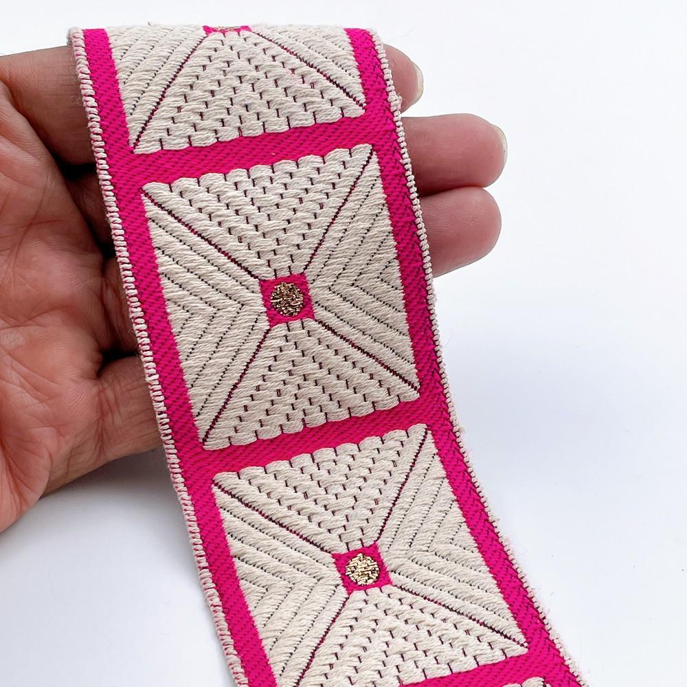 58mm Wide Geometric Square Pattern Lace Border for Sewing, Garments, DIY Crafts & Home Decor, shown on white cotton