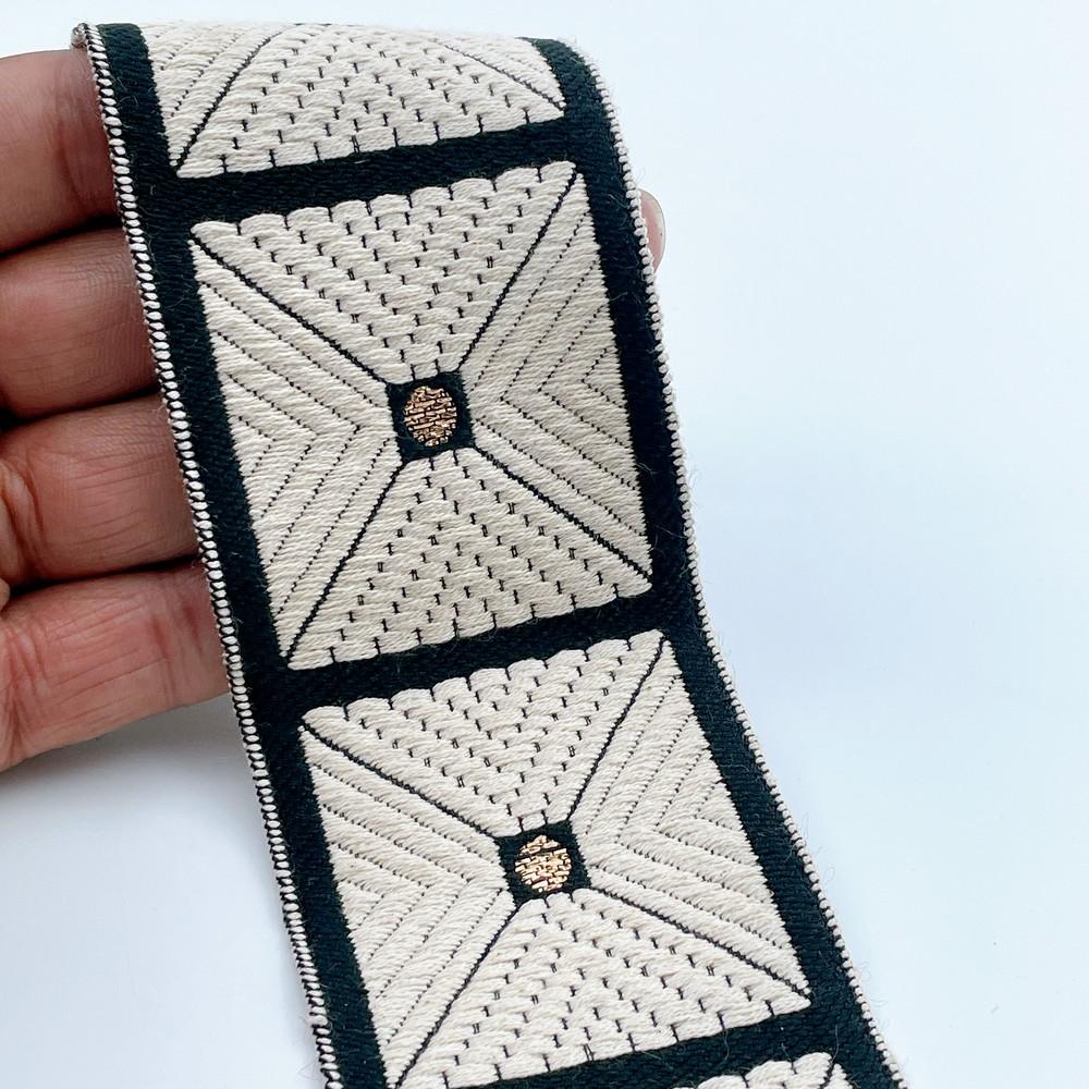 58mm Wide Geometric Square Pattern Lace Border for Sewing, Garments, DIY Crafts & Home Decor, shown on white cotton