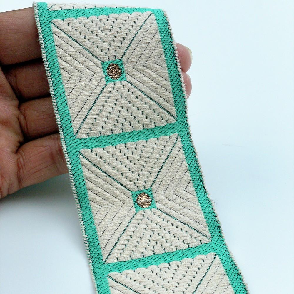 58mm Wide Geometric Square Pattern Lace Border for Sewing, Garments, DIY Crafts & Home Decor, shown on white cotton