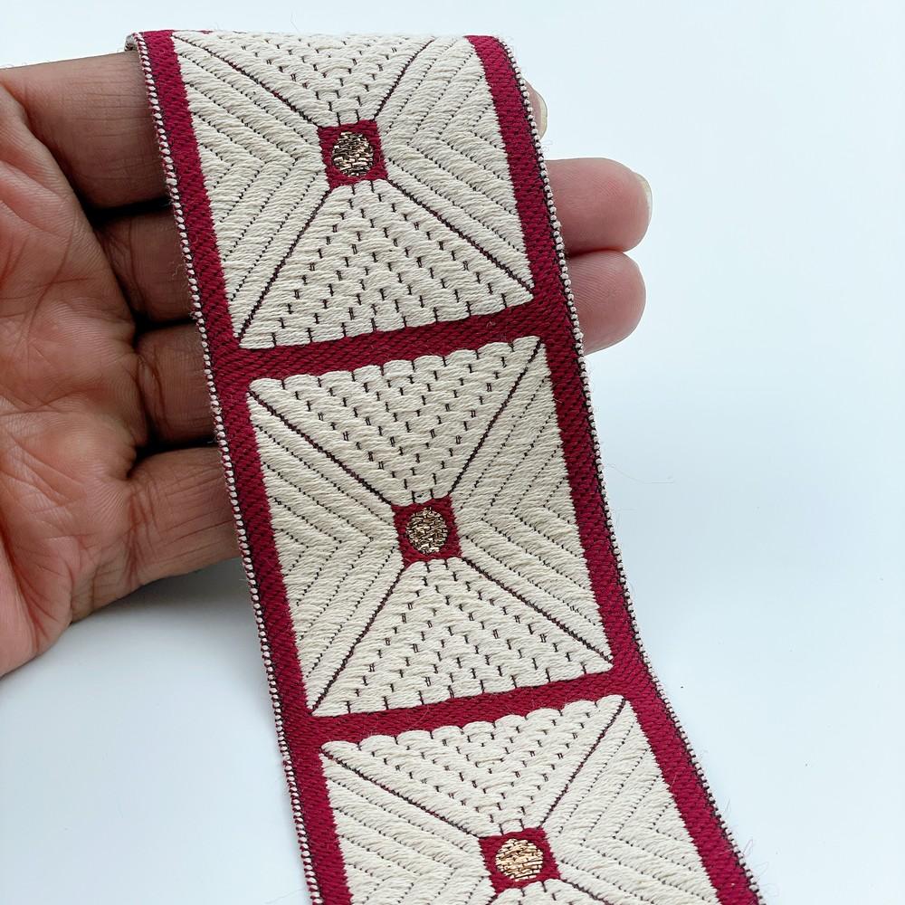 58mm Wide Geometric Square Pattern Lace Border for Sewing, Garments, DIY Crafts & Home Decor, shown on white cotton