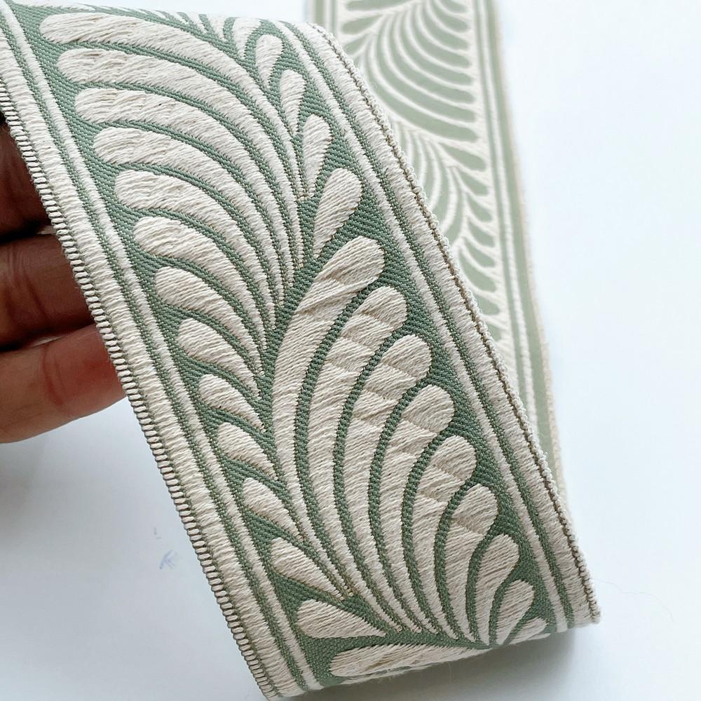 58mm Wide Botanical Leaf Pattern Lace Border for Sewing, Garments, DIY Crafts & Home Decor, shown on white cotton