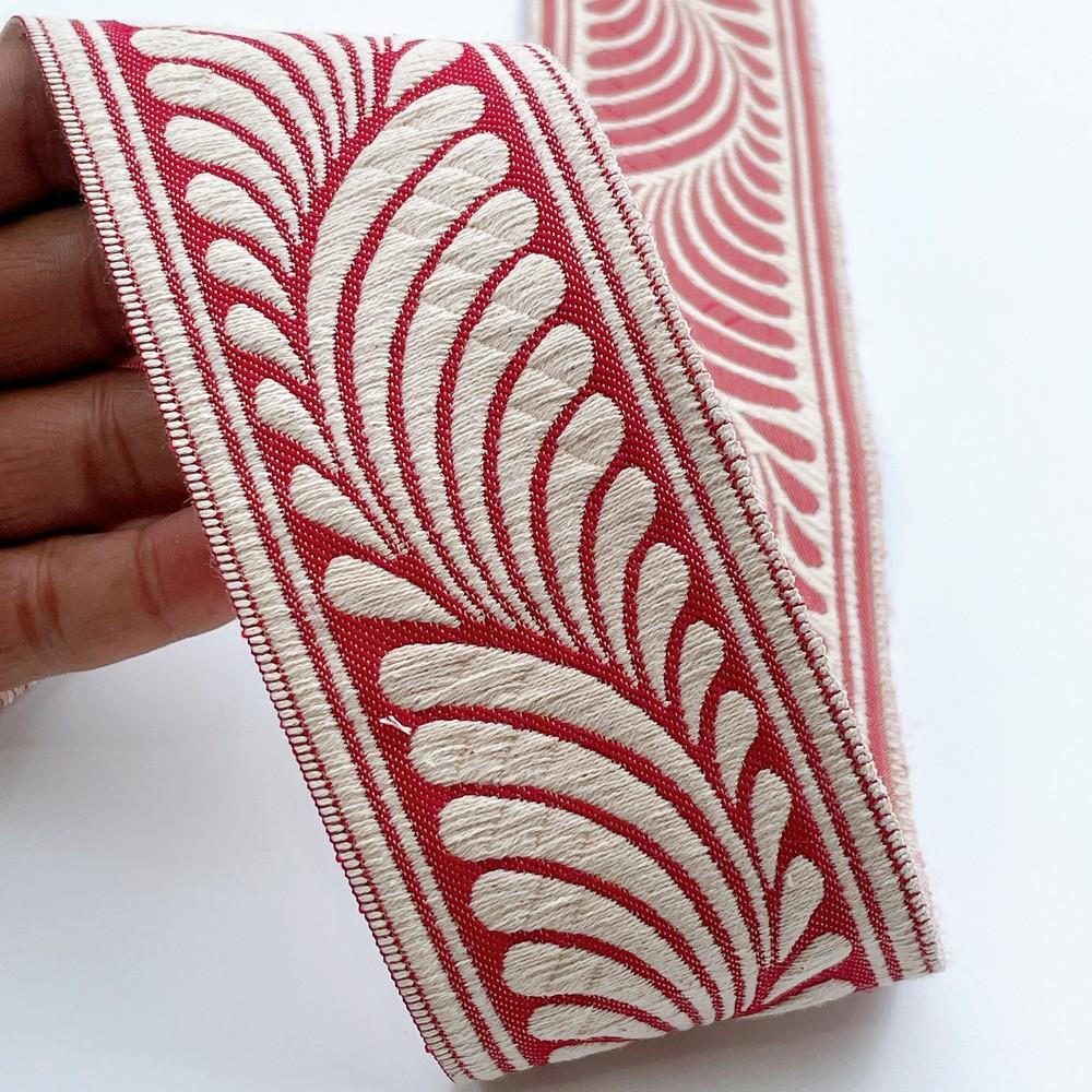 58mm Wide Botanical Leaf Pattern Lace Border for Sewing, Garments, DIY Crafts & Home Decor, shown on white cotton