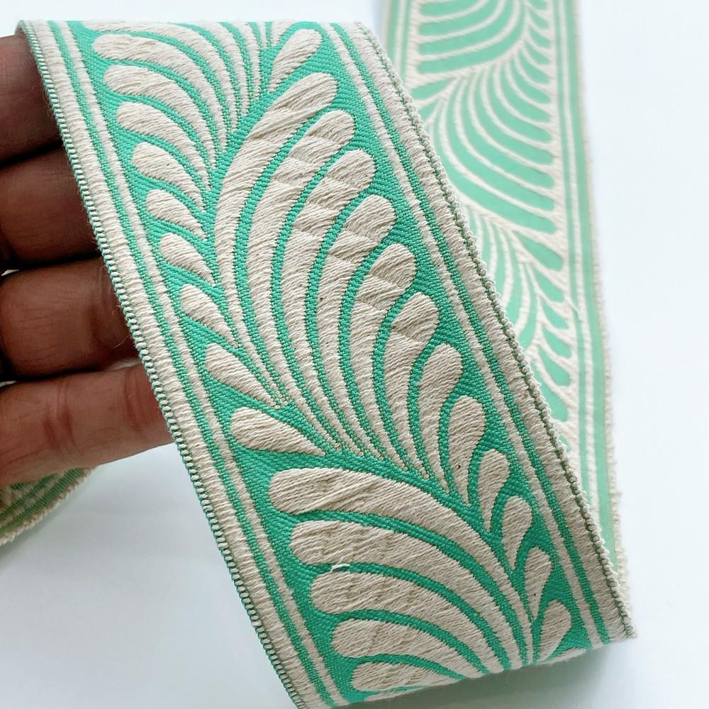 58mm Wide Botanical Leaf Pattern Lace Border for Sewing, Garments, DIY Crafts & Home Decor, shown on white cotton