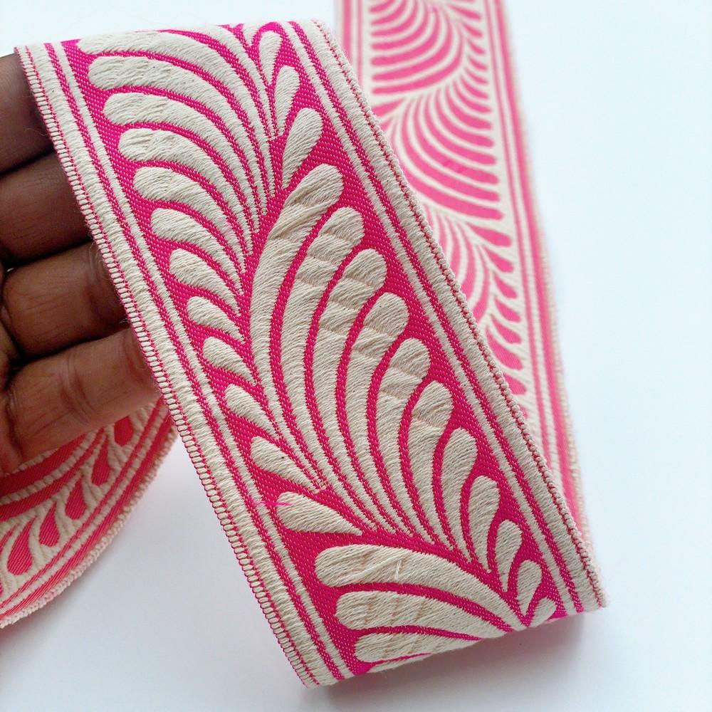 58mm Wide Botanical Leaf Pattern Lace Border for Sewing, Garments, DIY Crafts & Home Decor, shown on white cotton