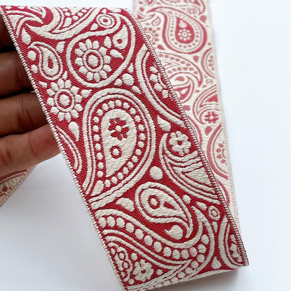 55mm Wide Traditional Paisley Motif Lace Border for Sewing, Garments, DIY Crafts & Home Decor, shown on white cotton